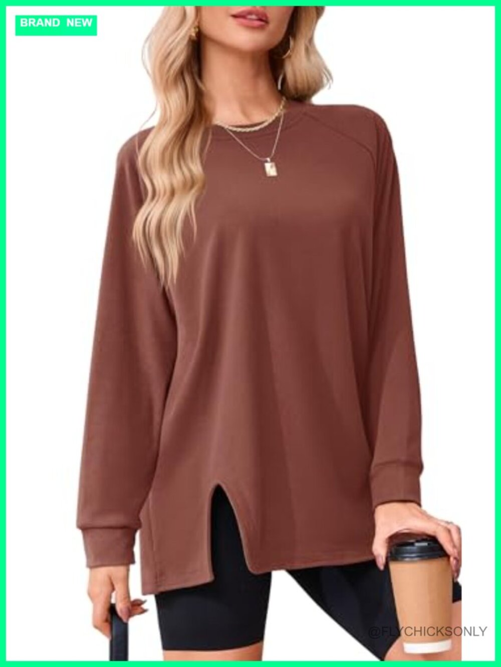 Womens Crewneck Sweatshirt Long Sleeve Side Slit Oversized Pullover Top